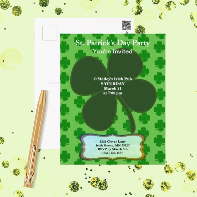 Carte Postale St. Patrick's Day Party Four Leaf Clover & Motif (Créateur téléchargé)