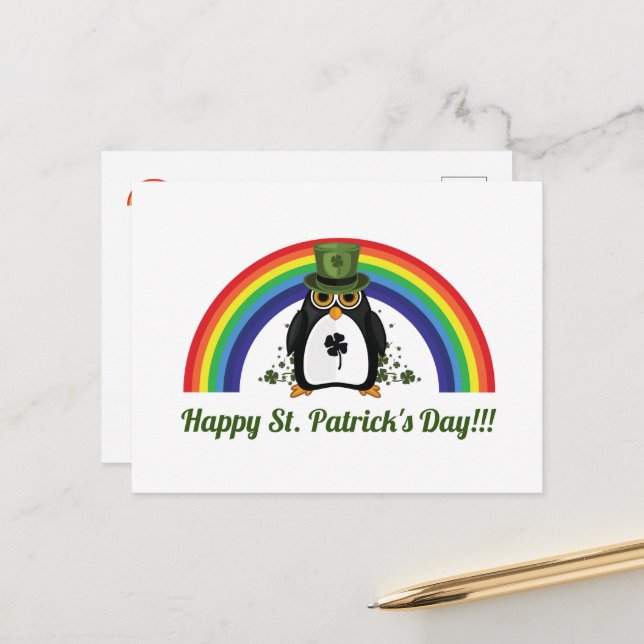 Carte Postale St. Patricks Day Penguin et Rainbow (Devant/Arrière en situation)