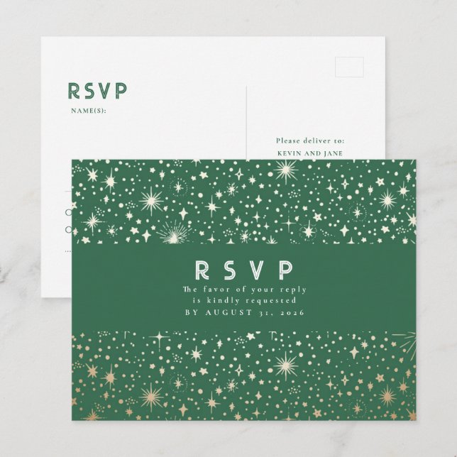 Carte Postale Starry Night Green et Gold Wedding RSVP (Devant / Derrière)