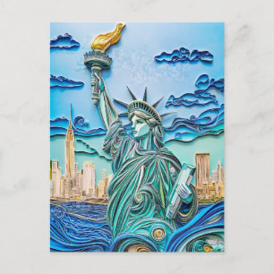 Carte Postale Statue de la Liberté au coucher du soleil en quill