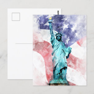 Carte Postale Statue de la Liberté avec aquarelle drapeau
