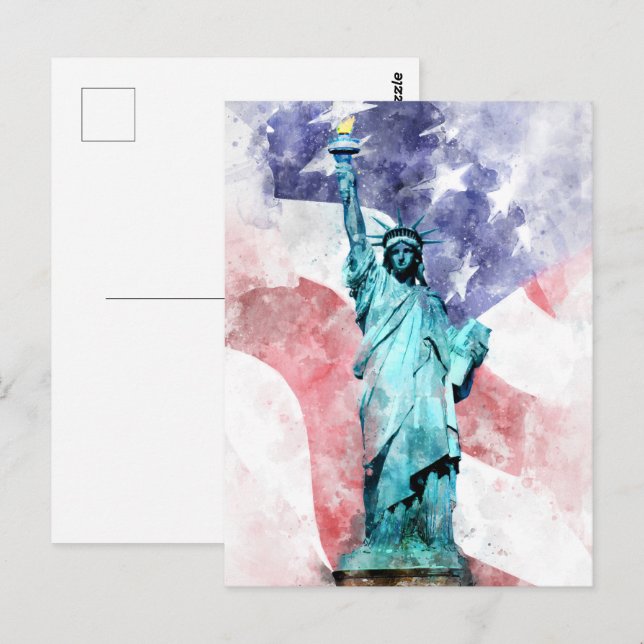 Carte Postale Statue de la Liberté avec aquarelle drapeau (Devant / Derrière)