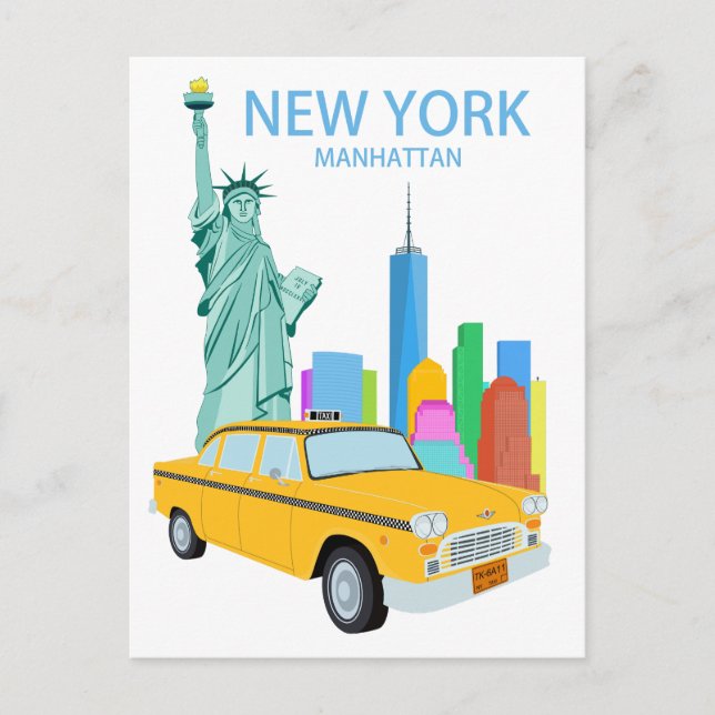 Carte Postale Statue de New York Manhattan Skyscrapers Taxi (Devant)