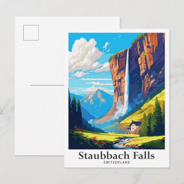 Carte Postale Staubbach Falls Suisse Illustration de voyage (Devant / Derrière)