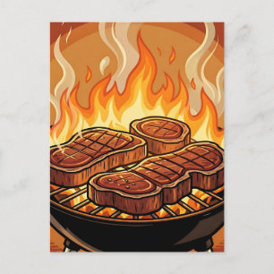 Carte Postale Steaks grillés flammes BBQ