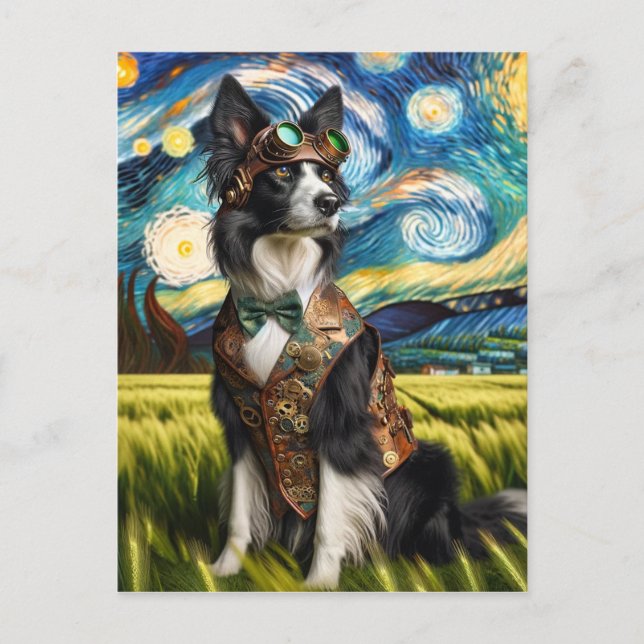 Carte Postale Steampunk Border Collie dans la nuit étoilée (Devant)