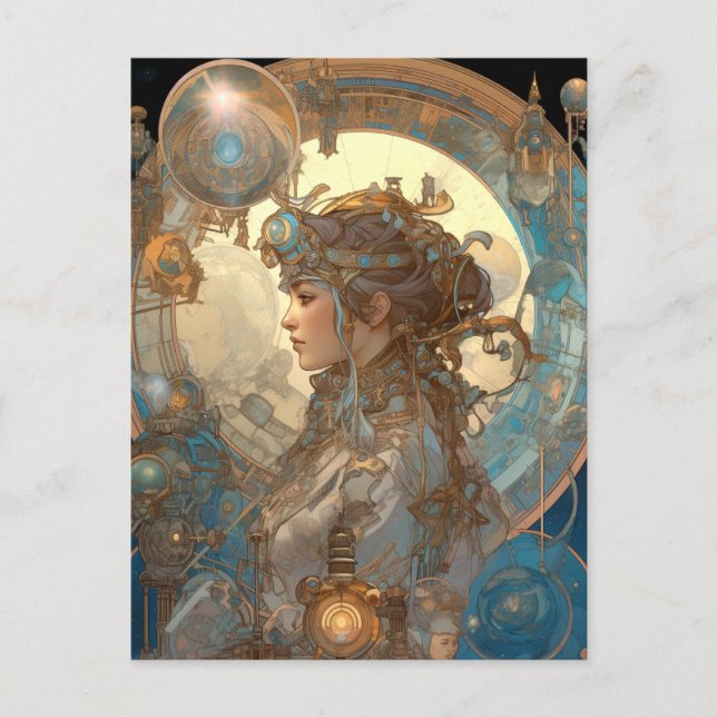 Carte Postale Steampunk Imaginaire Sci-Fi Art Nouveau Dame (Devant)