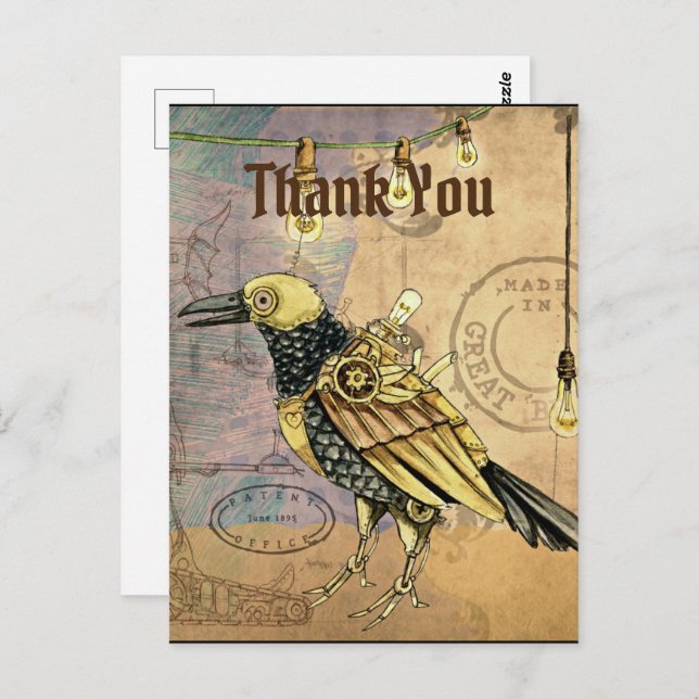 Carte Postale Steampunk Raven Merci (Devant / Derrière)