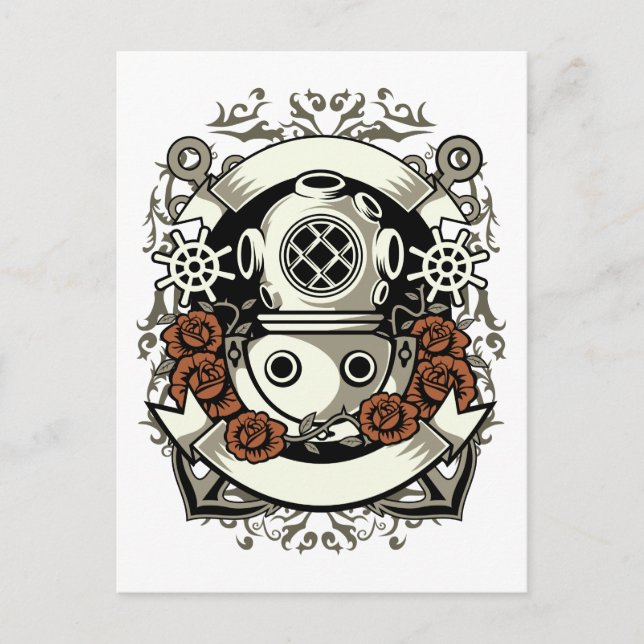 Carte Postale Steampunk Victorian Deep Sea Diver Roses rouges (Devant)