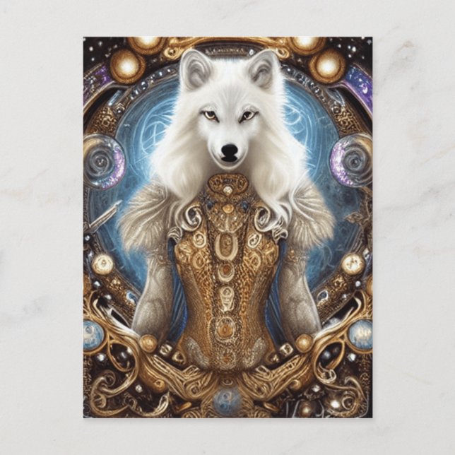 Carte Postale Steampunk Whimsical charmant loup blanc (Devant)
