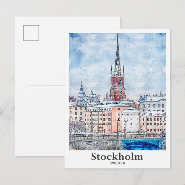 Carte Postale Stockholm Suède Voyage Aquarelle Dessinée à la mai (Devant / Derrière)