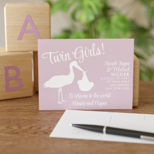 Carte postale Stork Twin Girls rose Faire-part de 