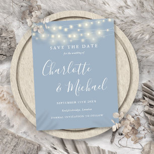 Carte Postale String Lights Dusty Blue Wedding Enregistrer la da