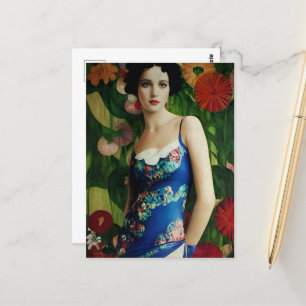 Carte Postale Style Art Déco Elégant Femme avec Grandes Fleurs A