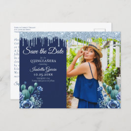 Carte Postale Style mexicain Blue Quinceañera Enregistrer la dat