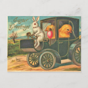 Carte Postale Style vintage Lapin de Pâques et poules en voiture