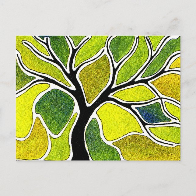 Carte Postale Stylet d'aquarelle et arbre d'encre - vert jaune (Devant)