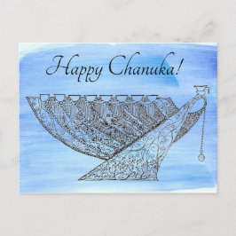 Carte Postale Stylo orné et encre Chanukah Menorah sur bleu