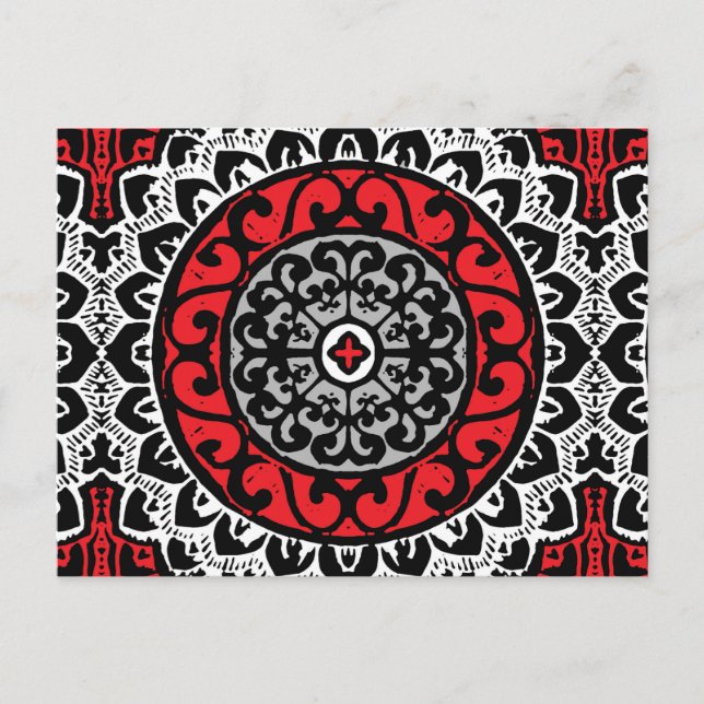 Carte Postale Sud-Ouest Sun Mandala Batik, Rouge, Noir et Blanc (Devant)