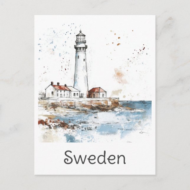 Carte Postale Suède Phare Côte Aquarelle Suède Voyage (Devant)