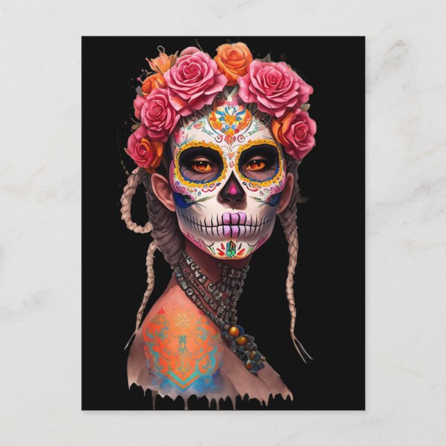 Carte Postale Sugar Skull Art - Fille avec cheveux tressés et ro (Devant)