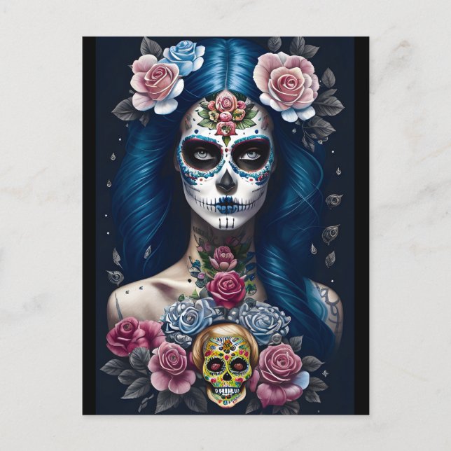 Carte Postale Sugar Skull Art - Ftripe femme dans le maquillage  (Devant)