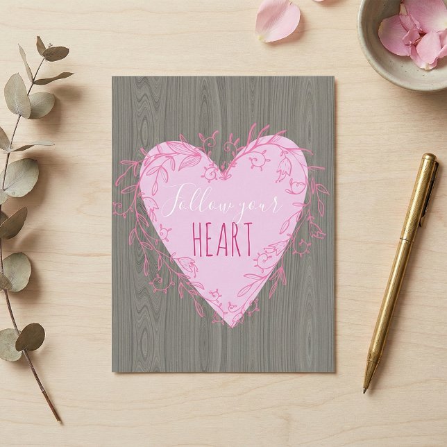 Carte Postale Suivez votre coeur mignon Doodle rose Coeur sur bo (Créateur téléchargé)