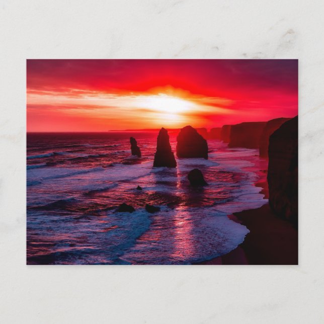 Carte Postale Summer Crimson Sunset Sky Vibrant Rocky Beach (Devant)