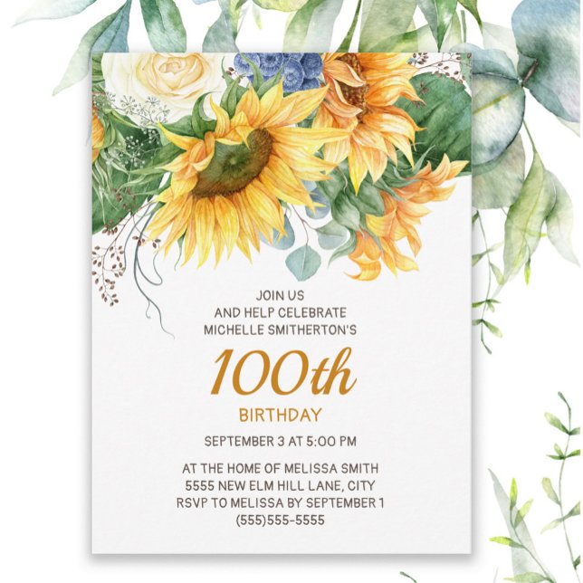 Carte Postale Sunflower Eucalyptus 100e anniversaire (Sunflowers and eucalyptus 100th birthday party invitation)