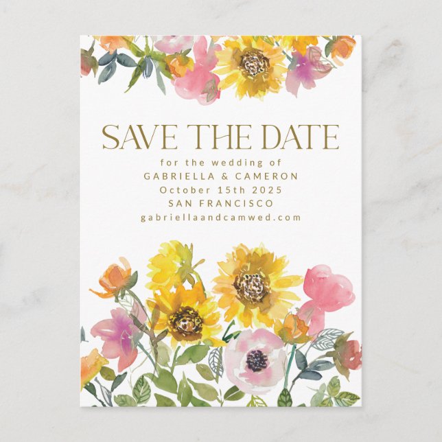 Carte Postale Sunflower Jaune Aquarelle Mariage Enregistrer La D (Devant)