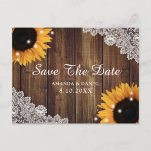 Carte Postale Sunflower Rustic Bois Dentelle Mariage Enregistrer