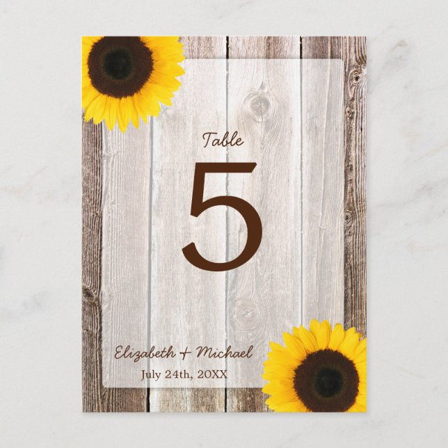 Carte Postale Sunflower Rustic Grange Wood Mariage Numéro de tab (Devant)