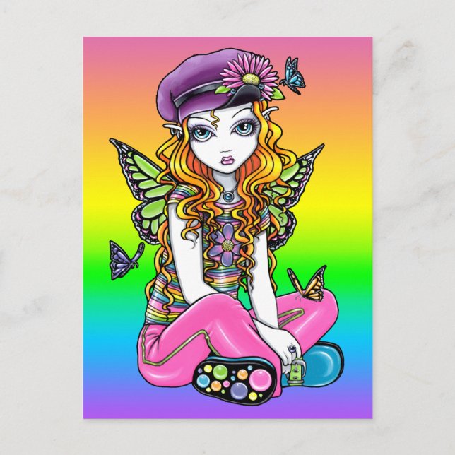 Carte postale "Sunny" Cute Rainbow Butterfly Flowe (Devant)
