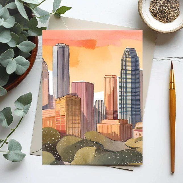 Carte Postale Sunset Cityscape | Aquarelle Skyline (Créateur téléchargé)