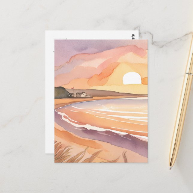 Carte Postale Sunset plage | Belle aquarelle peinture (Devant/Arrière en situation)