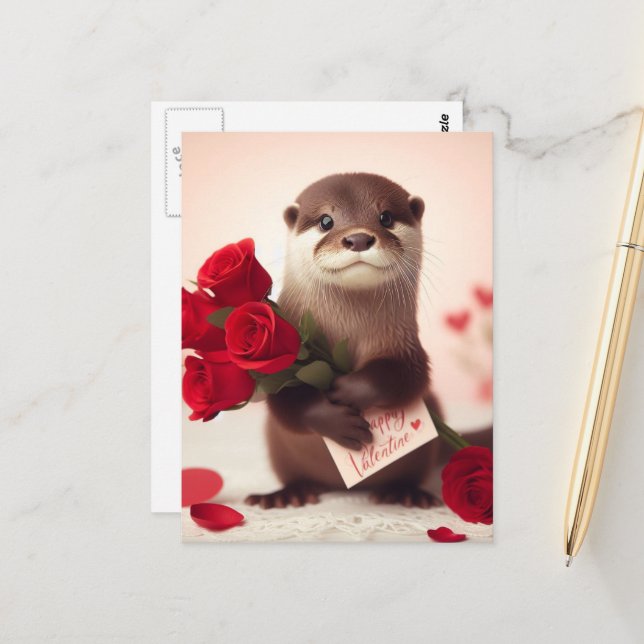 Carte postale Super Cute Valentine Otter (Devant/Arrière en situation)