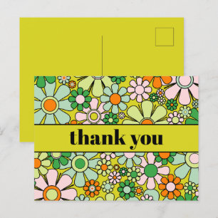Carte Postale Super Retro Floral coloré 60s les années 70 Merci