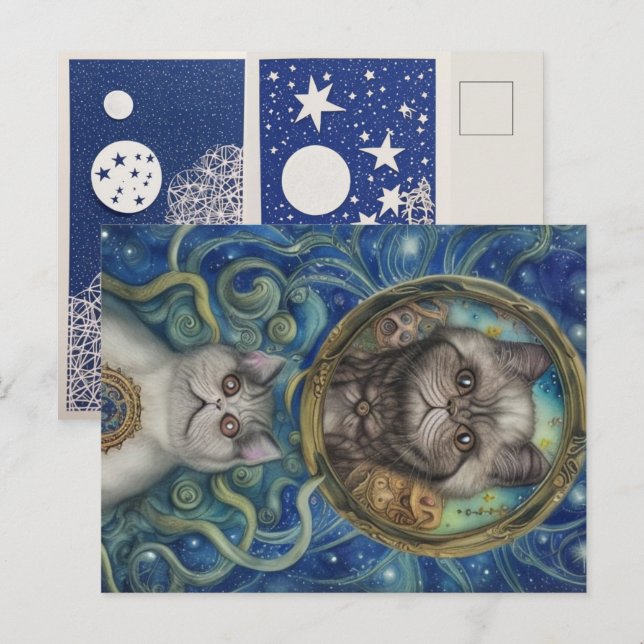 Carte Postale Sur la lune avec des chats perses (Devant / Derrière)