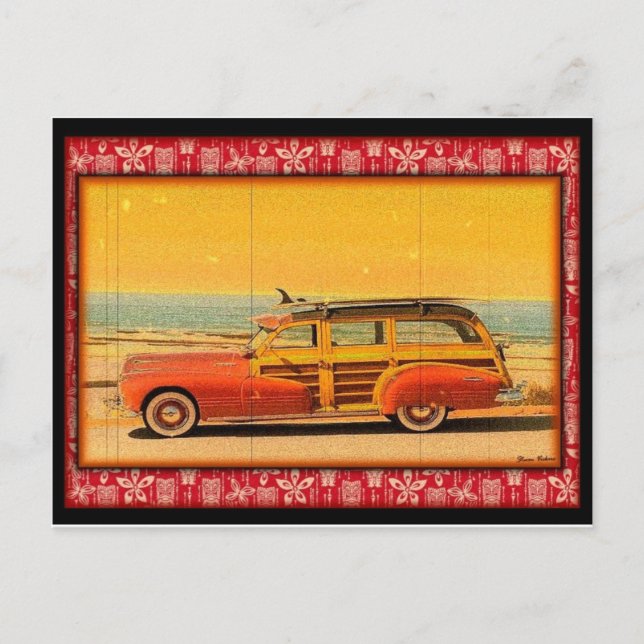 Carte postale surf vintage en bois (Devant)