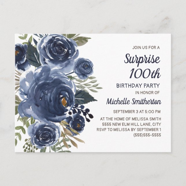 Carte Postale Surprise 100 Anniversaire Marine bleu aquarelle Fl (Devant)