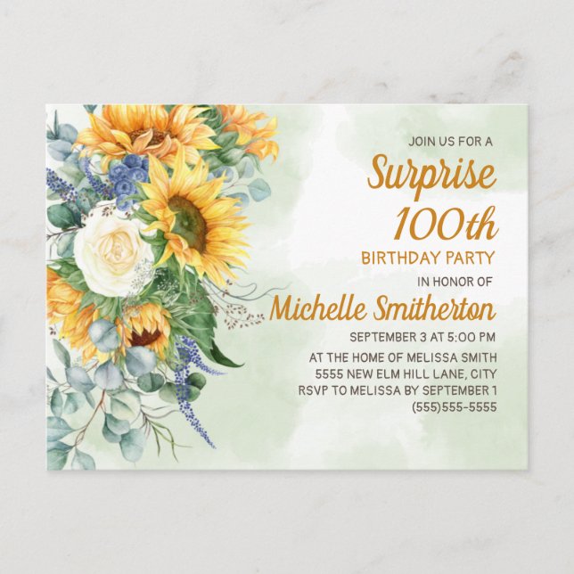 Carte Postale Surprise 100e anniversaire tournesol Eucalyptus (Devant)
