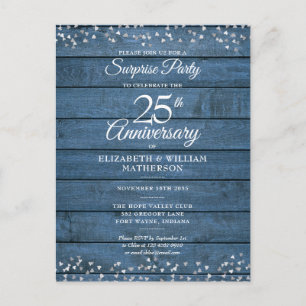 Carte Postale Surprise 25e Anniversaire Bleu Cœurs Rustiques