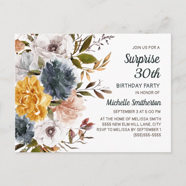 Carte Postale Surprise 30e anniversaire Jaune Marine Bleu Floral (Devant)