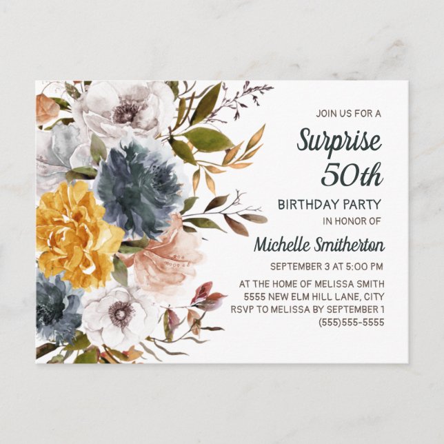 Carte Postale Surprise 50e anniversaire jaune bleu marine floral (Devant)