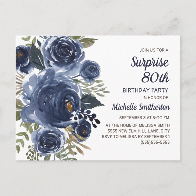 Carte Postale Surprise 80e anniversaire Marine bleu aquarelle fl (Devant)