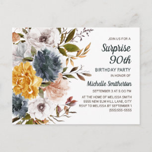 Carte Postale Surprise 90e anniversaire jaune bleu marine floral