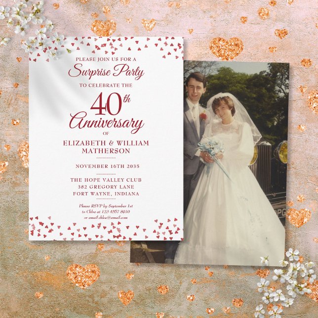Carte Postale Surprise Party 40e anniversaire Ruby Hearts Photo (Surprise Party 40th Anniversary Ruby Hearts Photo Postcard)
