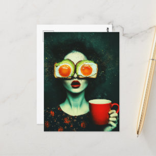 Carte Postale Surreal Breakfast Femme avec la Coupe du Café Roug