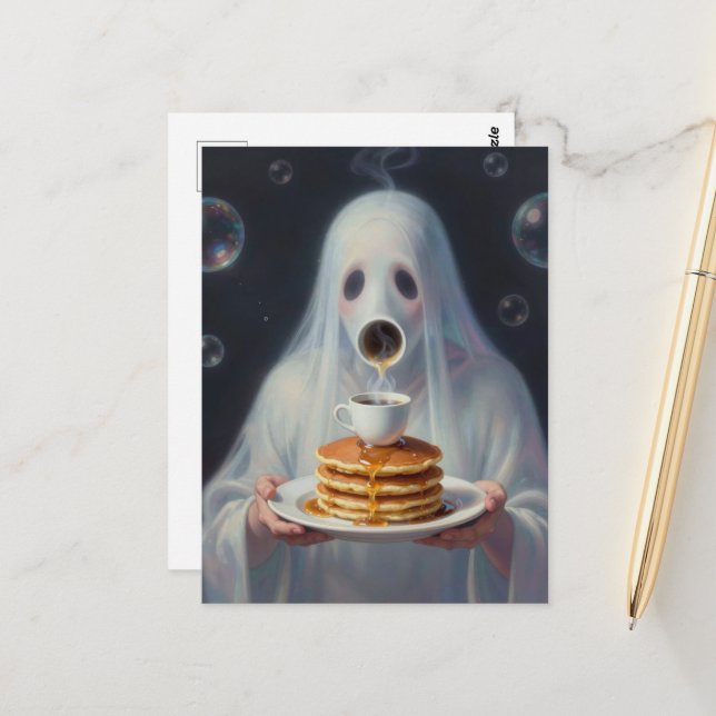Carte Postale Surreal Breakfast pancakes ghost with coffee  (Devant/Arrière en situation)
