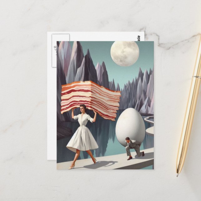 Carte Postale Surreal Breakfast Personnes Oeuf géant et bacon (Devant/Arrière en situation)